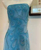 Gorgeous Blue A-Line Strapless Beaded Chiffon Long Prom Dresses Evening Dresses