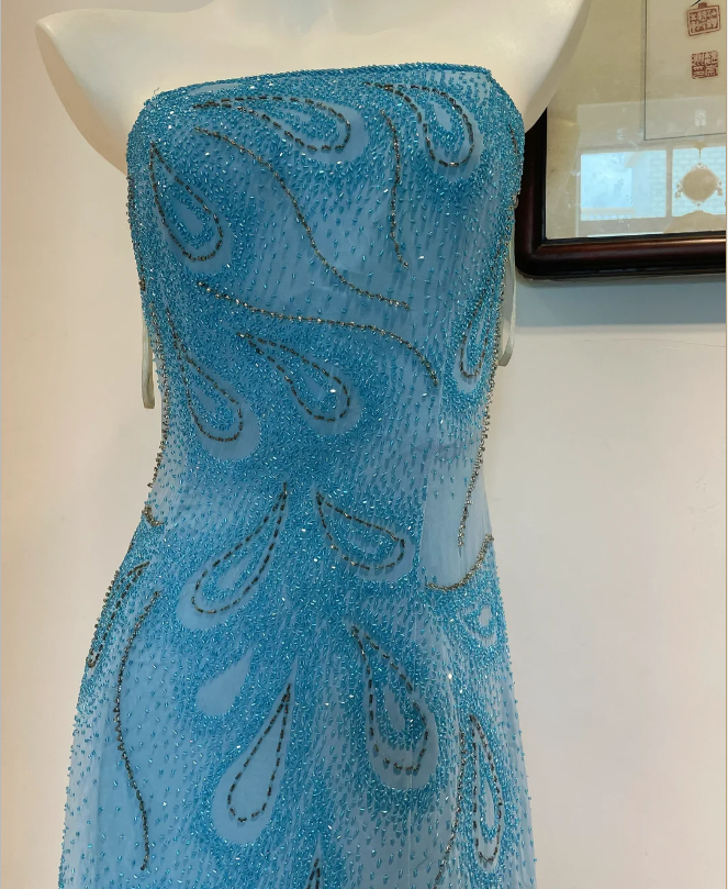 Gorgeous Blue A-Line Strapless Beaded Chiffon Long Prom Dresses Evening Dresses