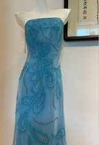Gorgeous Blue A-Line Strapless Beaded Chiffon Long Prom Dresses Evening Dresses