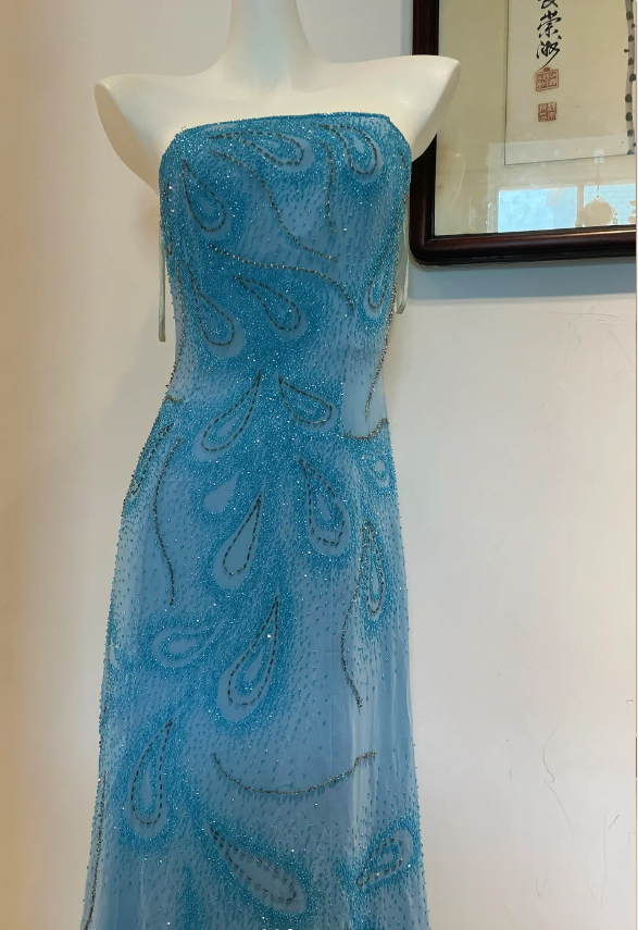 Gorgeous Blue A-Line Strapless Beaded Chiffon Long Prom Dresses Evening Dresses