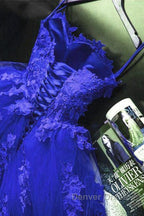 Gorgeous Blue Lace Floral Long Prom Dress, Blue Appliques Prom Dresses, Blue Ball Gowns