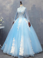 Gorgeous Blue Long Sleeves Ball Gowns Sweet 16 Dresses, Charming Prom Gowns