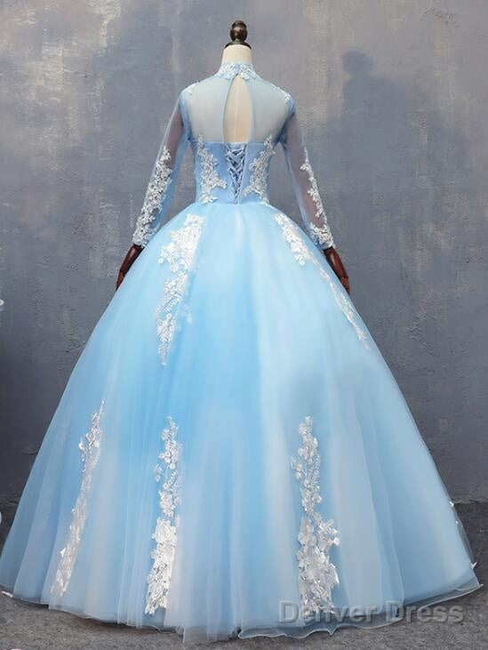 Gorgeous Blue Long Sleeves Ball Gowns Sweet 16 Dresses, Charming Prom Gowns