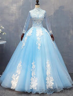 Gorgeous Blue Long Sleeves Ball Gowns Sweet 16 Dresses, Charming Prom Gowns