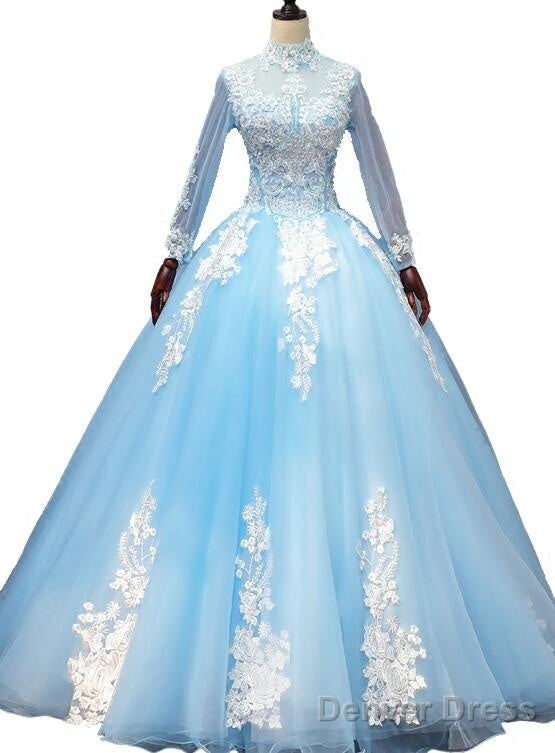 Gorgeous Blue Long Sleeves Ball Gowns Sweet 16 Dresses, Charming Prom Gowns Main image