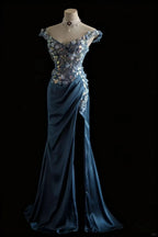 Gorgeous Blue Off-Shoulder Sequined 3D Floral Satin Long Prom Dresses Evening Dresses