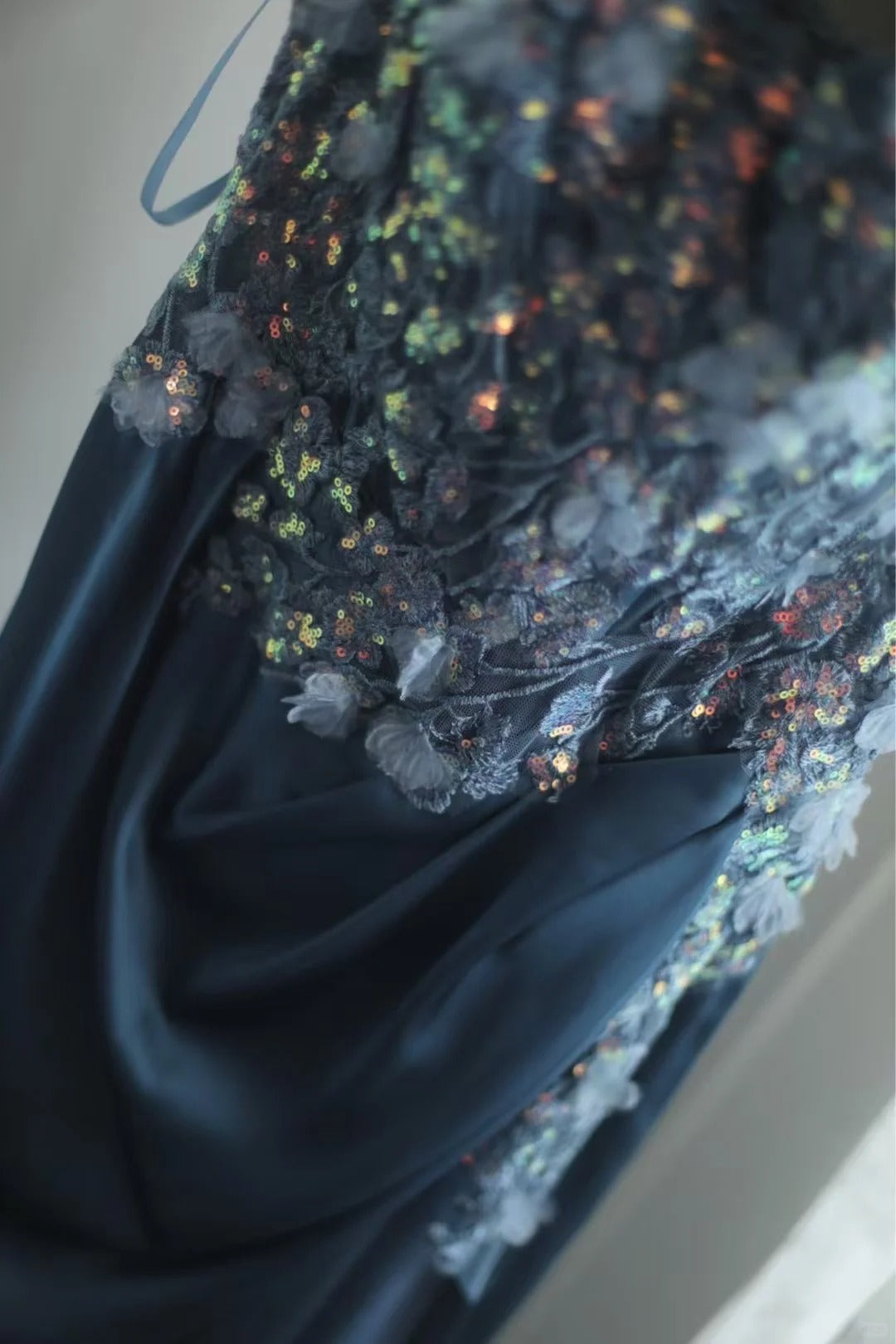 Gorgeous Blue Off-Shoulder Sequined 3D Floral Satin Long Prom Dresses Evening Dresses