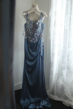 Gorgeous Blue Off-Shoulder Sequined 3D Floral Satin Long Prom Dresses Evening Dresses