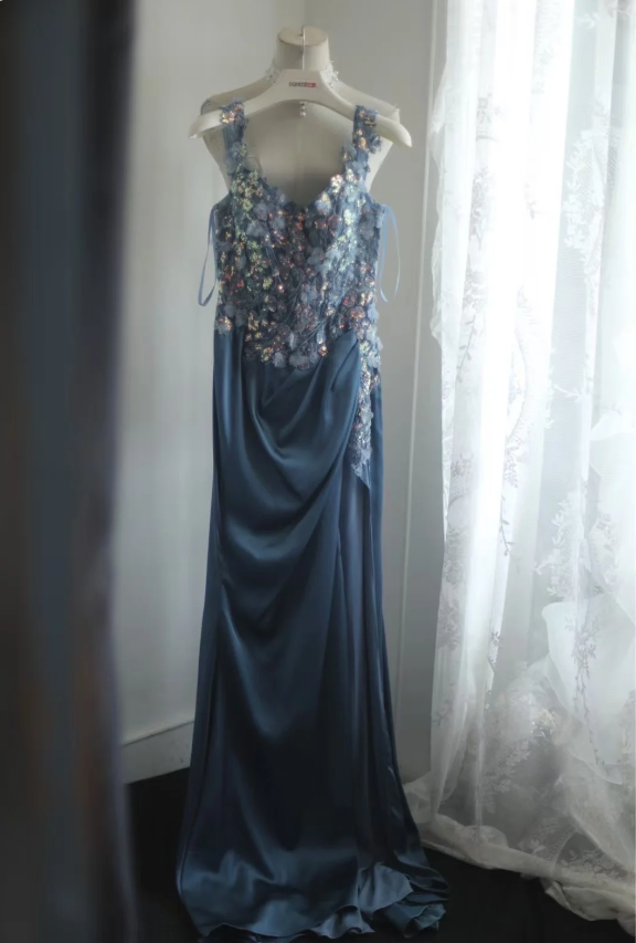 Gorgeous Blue Off-Shoulder Sequined 3D Floral Satin Long Prom Dresses Evening Dresses