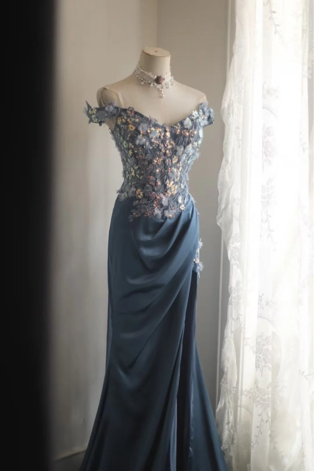 Gorgeous Blue Off-Shoulder Sequined 3D Floral Satin Long Prom Dresses Evening Dresses