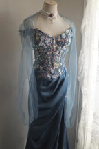 Gorgeous Blue Off-Shoulder Sequined 3D Floral Satin Long Prom Dresses Evening Dresses