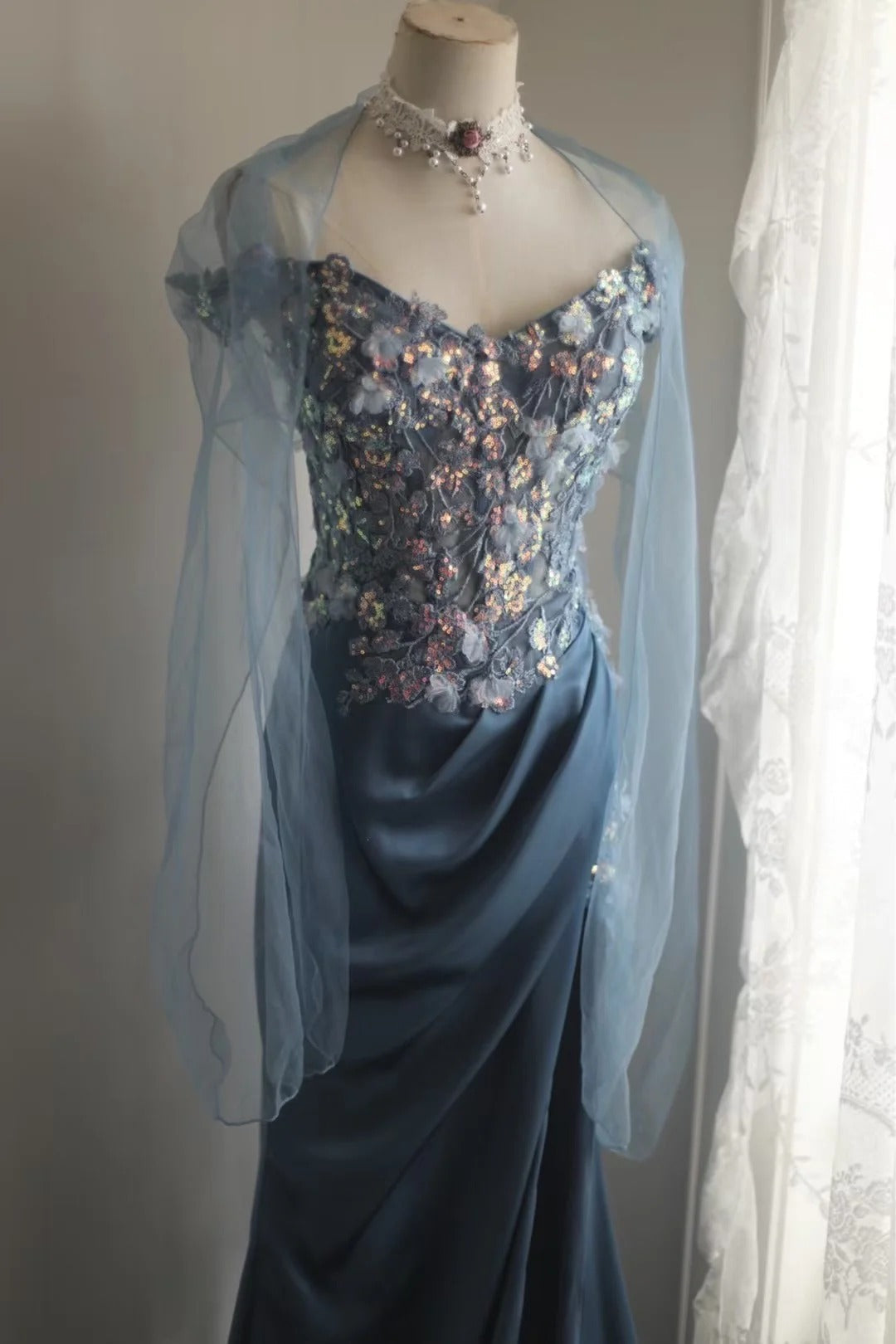 Gorgeous Blue Off-Shoulder Sequined 3D Floral Satin Long Prom Dresses Evening Dresses