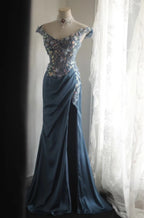 Gorgeous Blue Off-Shoulder Sequined 3D Floral Satin Long Prom Dresses Evening Dresses