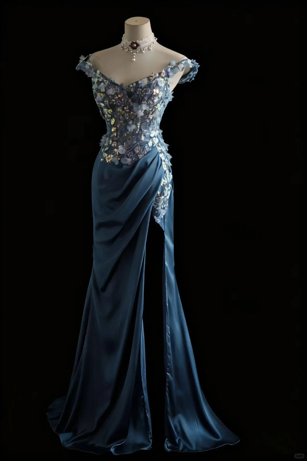 Gorgeous Blue Off-Shoulder Sequined 3D Floral Satin Long Prom Dresses Evening Dresses Main image