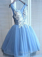 Gorgeous Blue Short Homecoming Dress V Neck Lace Up Hoco Dresses