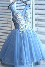 Gorgeous Blue Short Homecoming Dress V Neck Lace Up Hoco Dresses