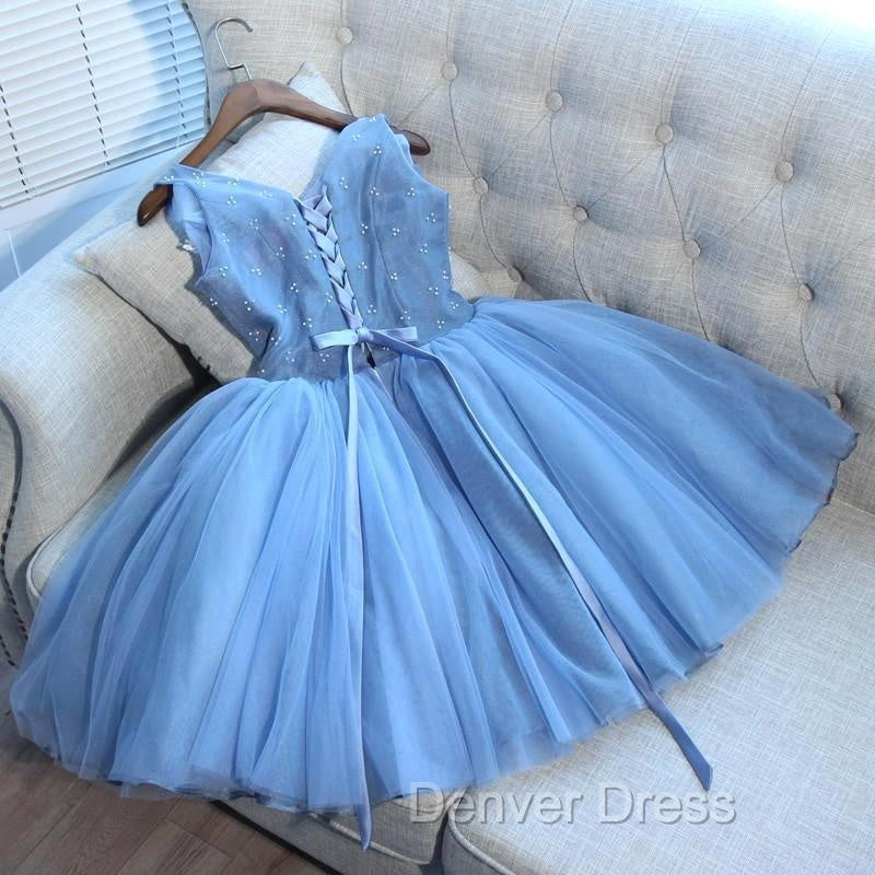 Gorgeous Blue Short Homecoming Dress V Neck Lace Up Hoco Dresses