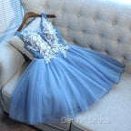 Gorgeous Blue Short Homecoming Dress V Neck Lace Up Hoco Dresses