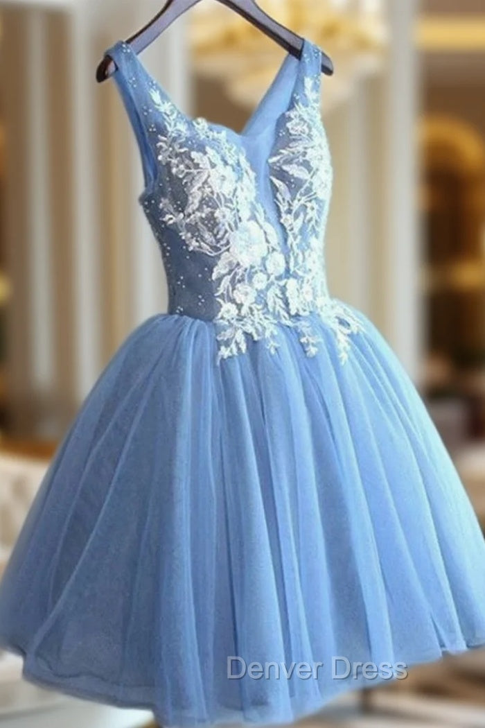 Gorgeous Blue Short Homecoming Dresses V-Neck Lace-Up Hoco Dresses Main image