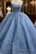 Gorgeous Blue Sleeveless Strapless Ball Gown Quinceanera Dresses