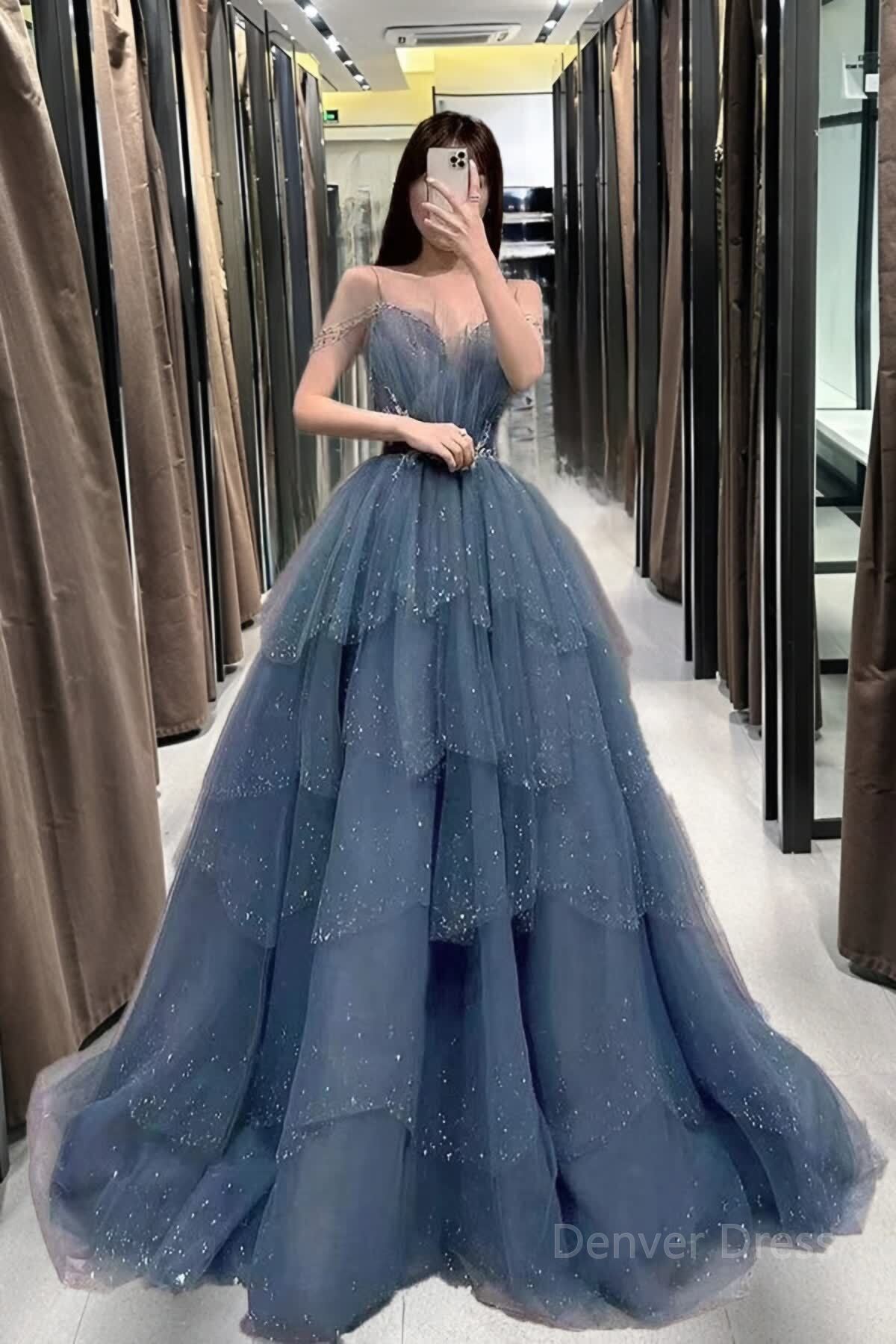 Gorgeous Blue Sparkly Tulle Beaded Prom Dresses, Tiered Prom Gowns With Rhinestone