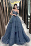 Gorgeous Blue Sparkly Tulle Beaded Prom Dresses, Tiered Prom Gowns With Rhinestone