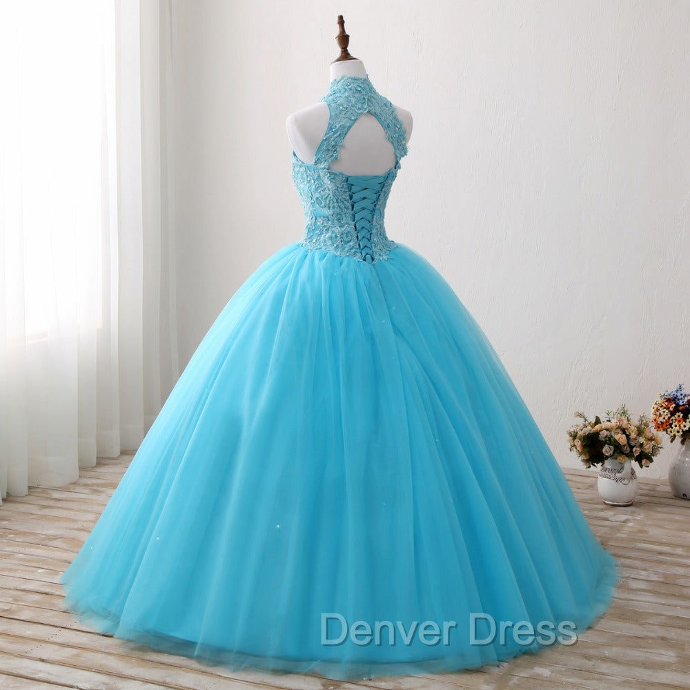Gorgeous Blue Tulle Ball Gowns Lace Top Sweet 16 Dress, Blue Quinceanera Dresses