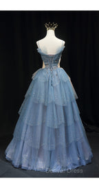 Gorgeous Blue Tulle Layers Beaded Long Wedding Prom Dresses, Blue Prom Gowns