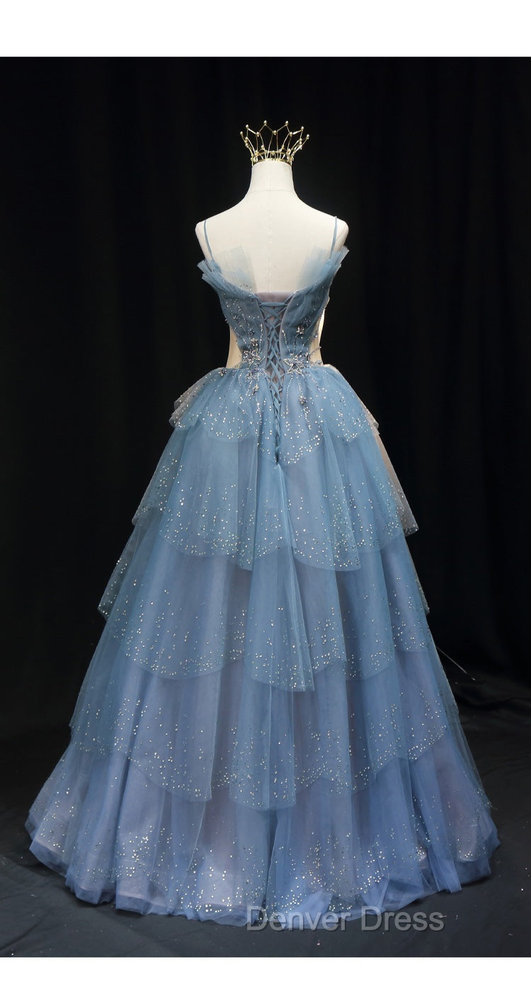 Gorgeous Blue Tulle Layers Beaded Long Wedding Prom Dresses, Blue Prom Gowns