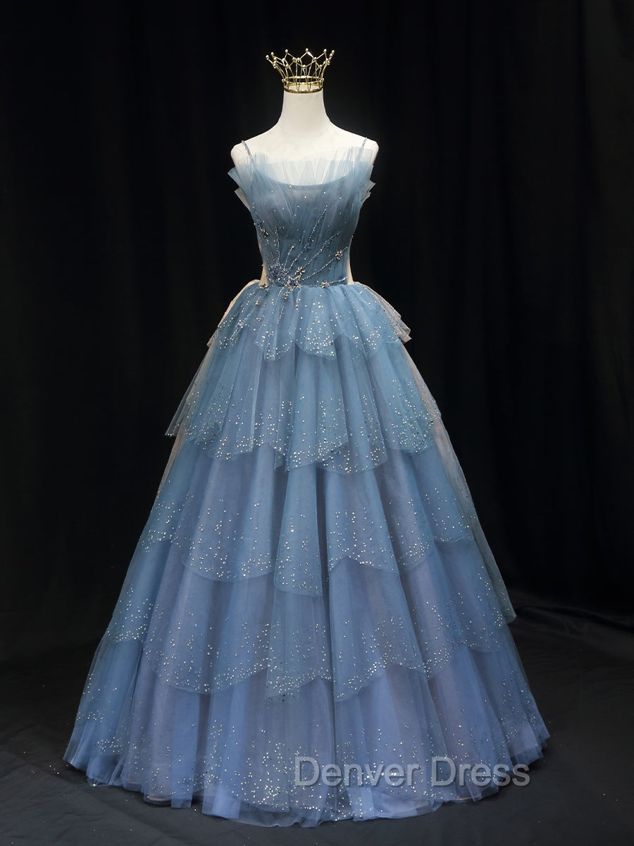 Gorgeous Blue Tulle Layers Beaded Long Wedding Party Dresses, Blue Formal Gown Main image