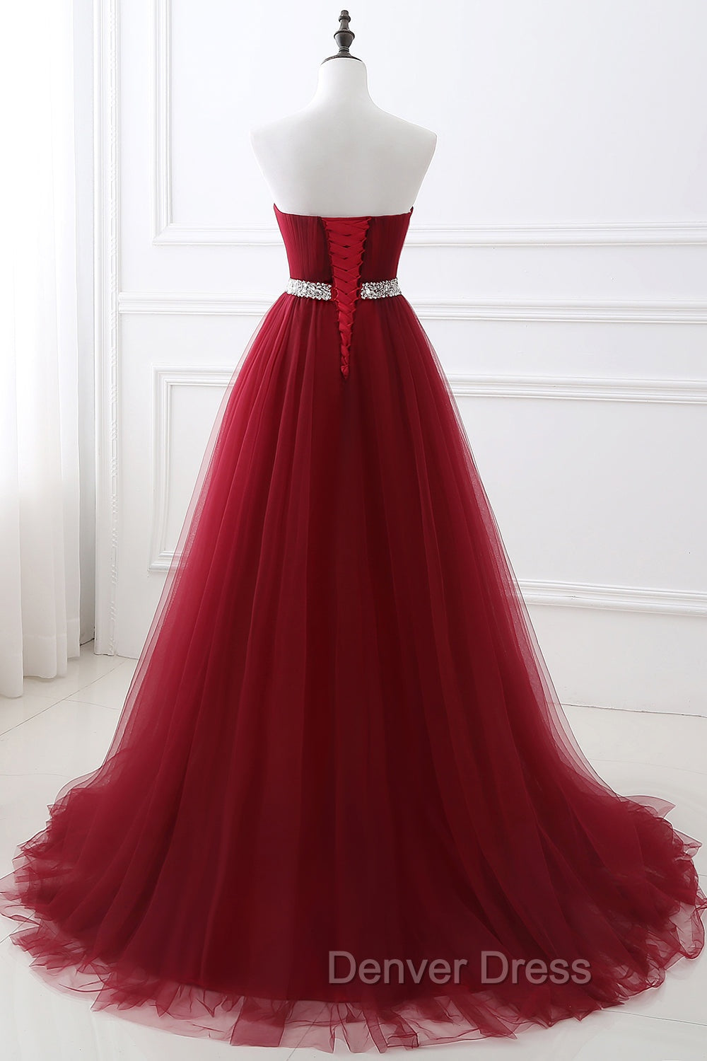 Gorgeous Burgundy Sweetheart Long Prom Dresses Tulle Crystal Prom Gowns