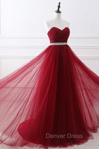 Gorgeous Burgundy Sweetheart Long Prom Dresses Tulle Crystal Prom Gowns