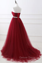 Gorgeous Burgundy Sweetheart Long Prom Dresses Tulle Crystal Prom Gowns