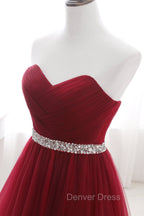Gorgeous Burgundy Sweetheart Long Prom Dresses Tulle Crystal Prom Gowns