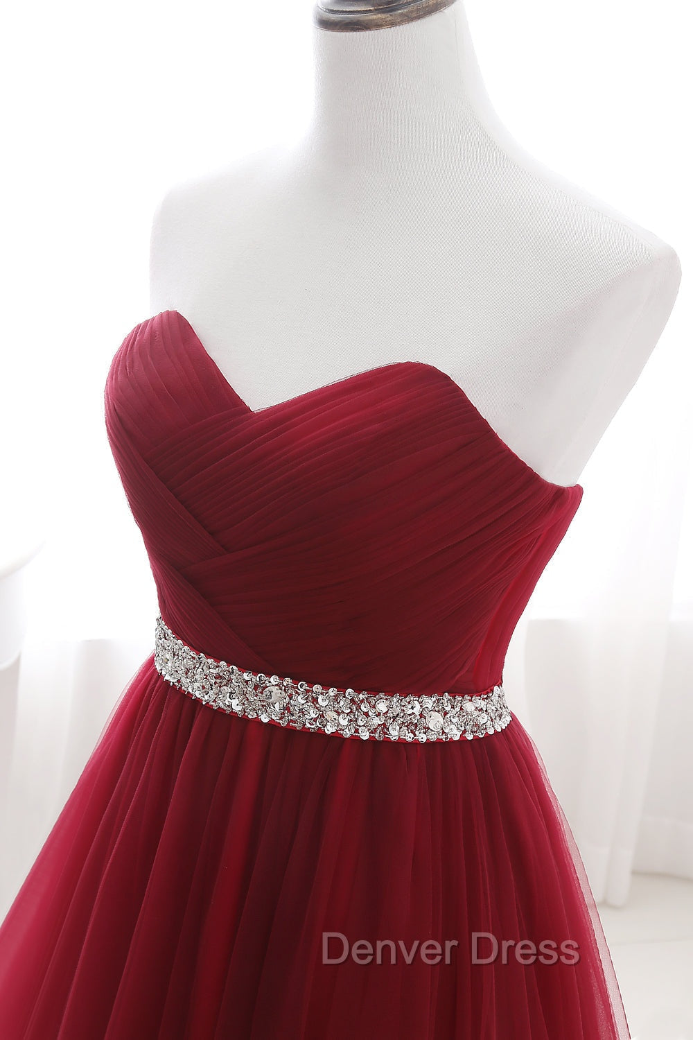 Gorgeous Burgundy Sweetheart Long Prom Dresses Tulle Crystal Prom Gowns