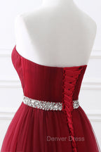 Gorgeous Burgundy Sweetheart Long Prom Dresses Tulle Crystal Prom Gowns