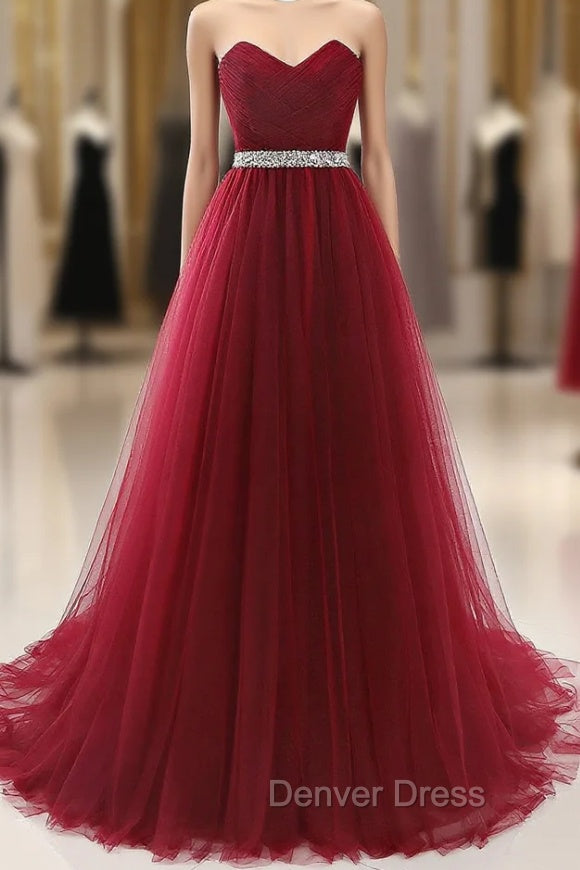 Gorgeous Burgundy Sweetheart Long Prom Dresses Tulle Crystal Prom Gowns Main image