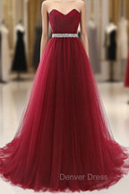 Gorgeous Burgundy Sweetheart Long Prom Dresses Tulle Crystal Prom Gowns
