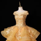 Gorgeous Champagne Ball Gowns Sweet 16 Gowns with Lace, Flowers Lace Prom Dresses