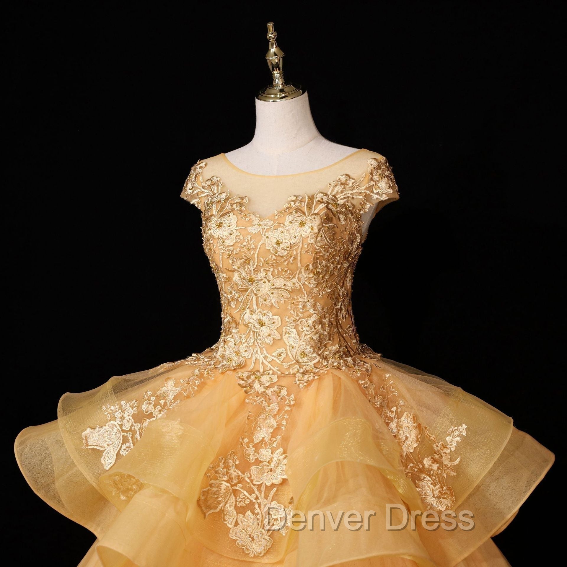 Gorgeous Champagne Ball Gowns Sweet 16 Gowns with Lace, Flowers Lace Prom Dresses