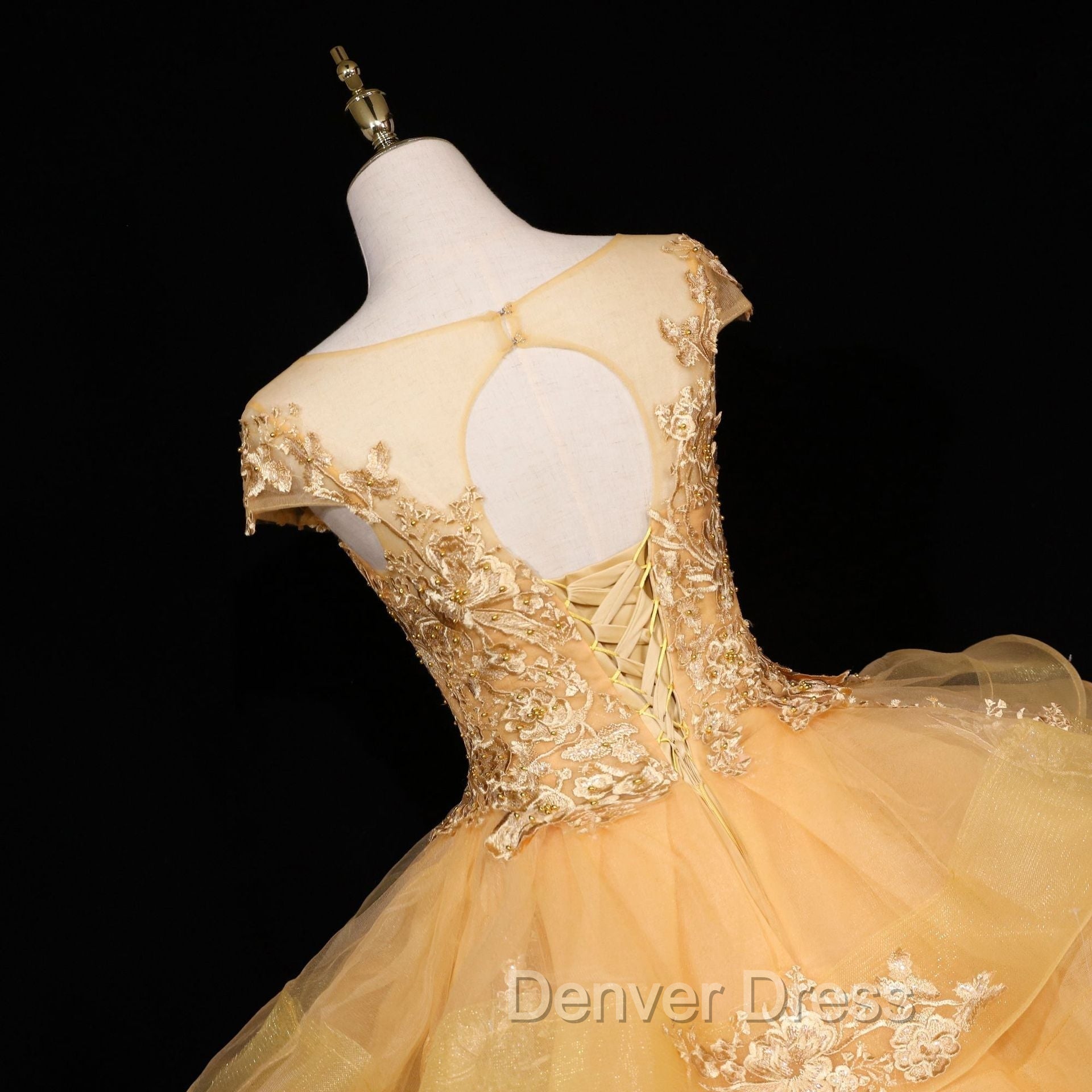 Gorgeous Champagne Ball Gowns Sweet 16 Gowns with Lace, Flowers Lace Prom Dresses
