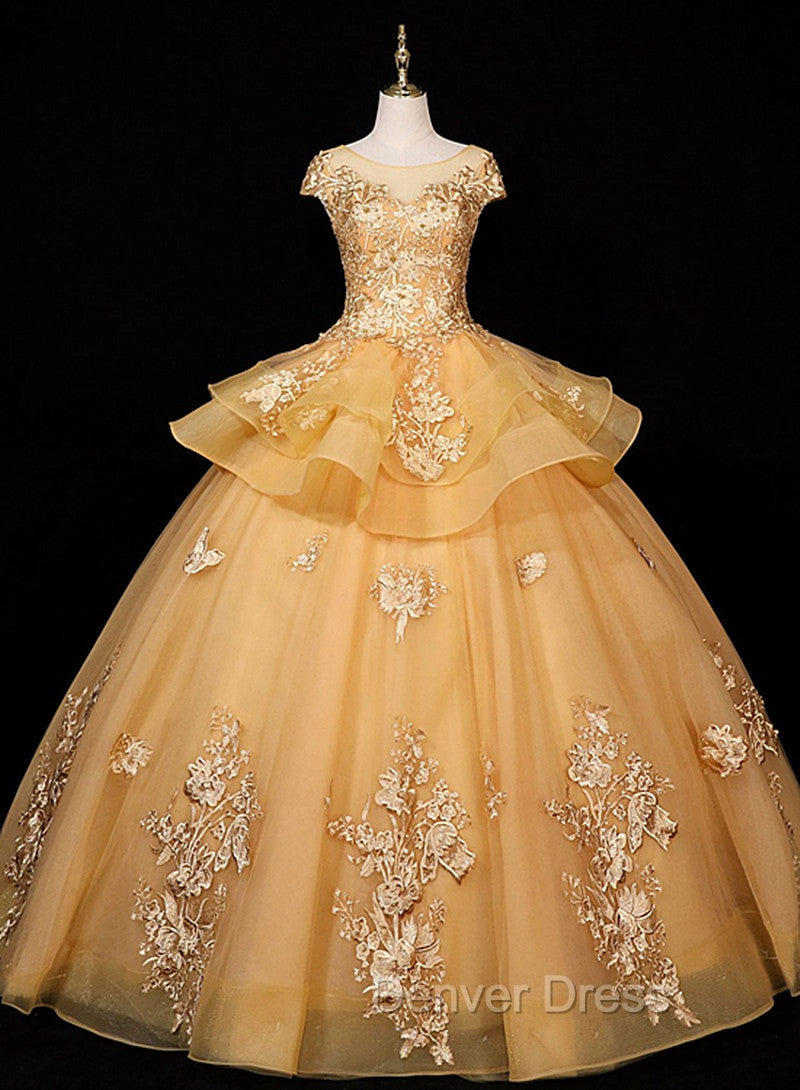 Gorgeous Champagne Ball Gowns Sweet 16 Gowns with Lace, Flowers Lace Prom Dresses Main image