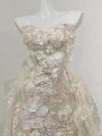 Gorgeous Champagne Gold Mermaid Strapless Sequined 3D Flower Tulle Wedding Dresses With Train