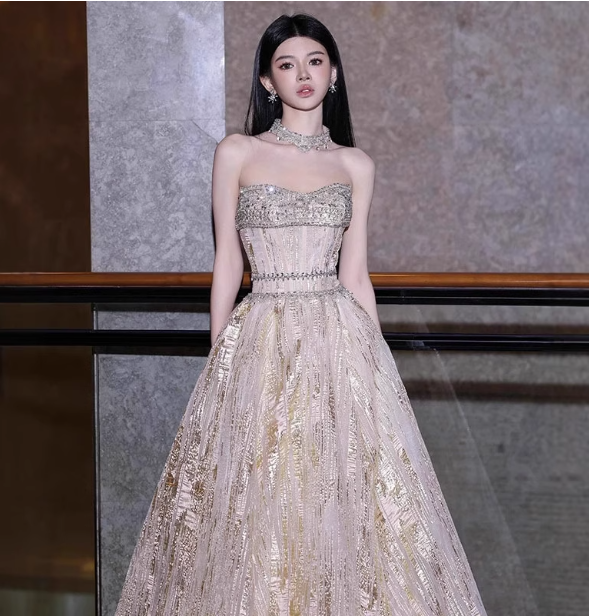 Gorgeous Champagne Gold Strapless A-Line Beaded Tulle Long Prom Dresses Evening Dresses