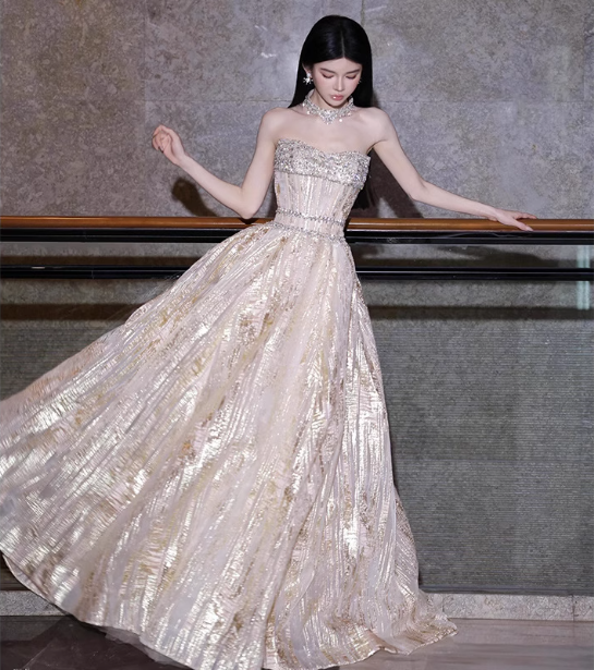 Gorgeous Champagne Gold Strapless A-Line Beaded Tulle Long Prom Dresses Evening Dresses