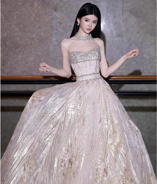 Gorgeous Champagne Gold Strapless A-Line Beaded Tulle Long Prom Dresses Evening Dresses