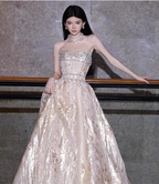 Gorgeous Champagne Gold Strapless A-Line Beaded Tulle Long Prom Dresses Evening Dresses
