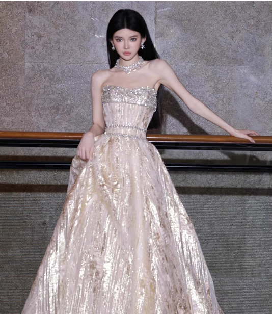 Gorgeous Champagne Gold Strapless A-Line Beaded Tulle Long Prom Dresses Evening Dresses