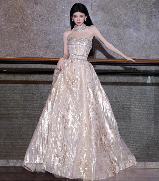 Gorgeous Champagne Gold Strapless A-Line Beaded Tulle Long Prom Dresses Evening Dresses Main image