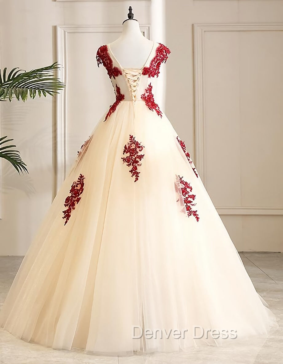 Gorgeous Champagne Tulle Long Sweet 16 Dresses with Red Lace, Prom Gowns